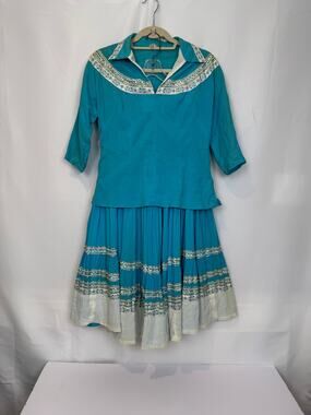 Vintage 50s Dolores Tucson AZ Turquoise Patio Skirt Set Rickrack S/XS